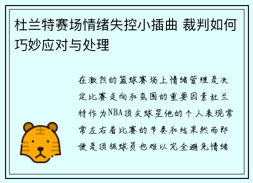 杜兰特赛场情绪失控小插曲 裁判如何巧妙应对与处理